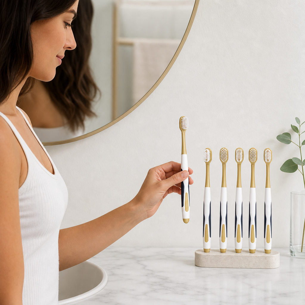 144 Pieces Adult Toothbrushes with Compact Heads, White and Beige, 6 Pieces