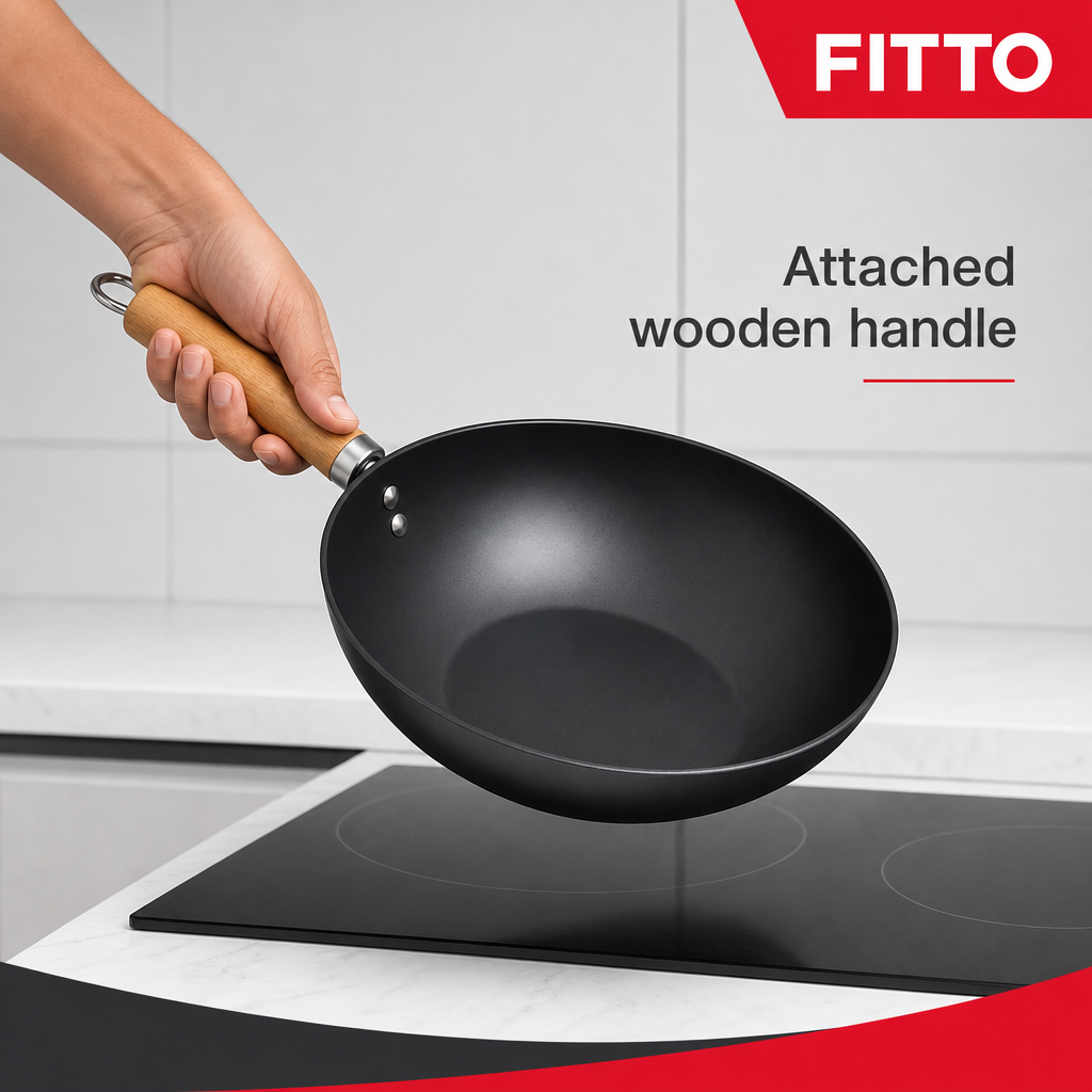 96 Pieces Non-Stick Wok Frying Pan with Wooden Handle, 28 cm