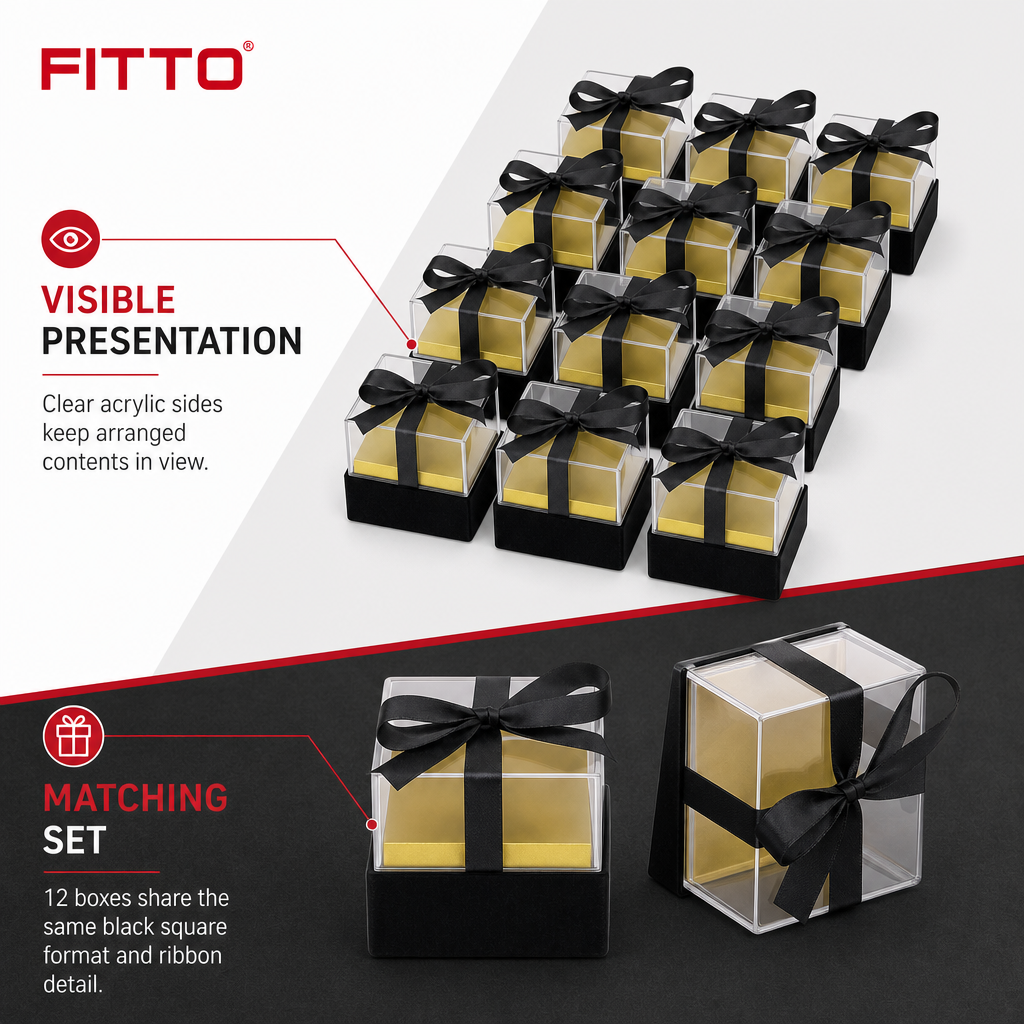 60 Pieces Acrylic Favor Boxes, Black Square Ribbon Presentation Boxes, 6.5 x 6.5 x 7.2 cm, 12 Pieces