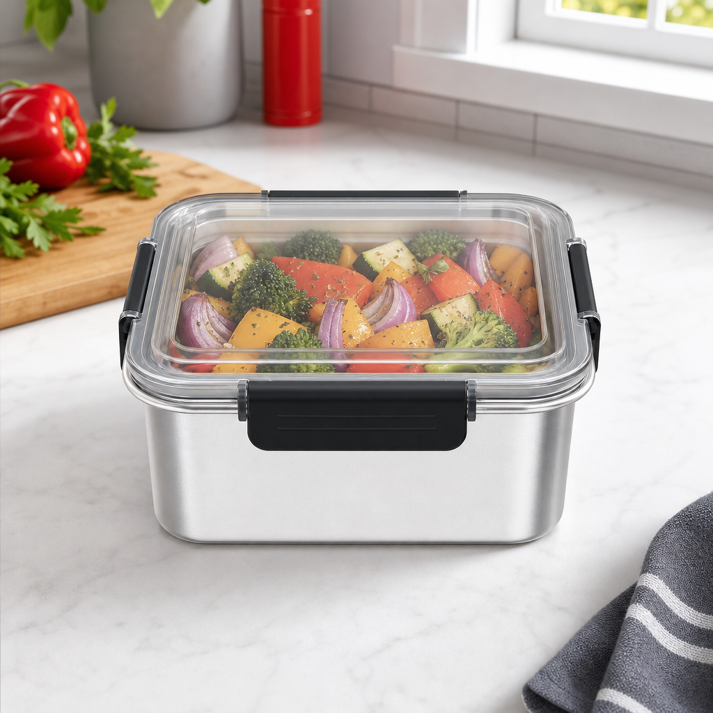 96 Pieces Silver Square Stainless Steel Food Storage Containers with Clear Locking Lid, 22 x 22 x 9 cm