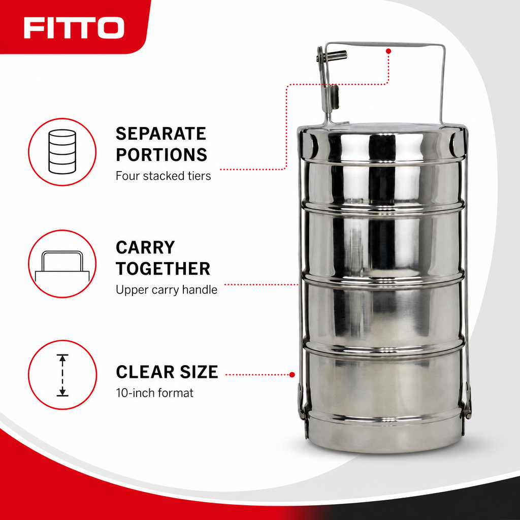 60 Pieces Stainless Steel Tiffin Lunch Box, 10 Inch, 4 Tier Stackable Meal Container with Carry Handle