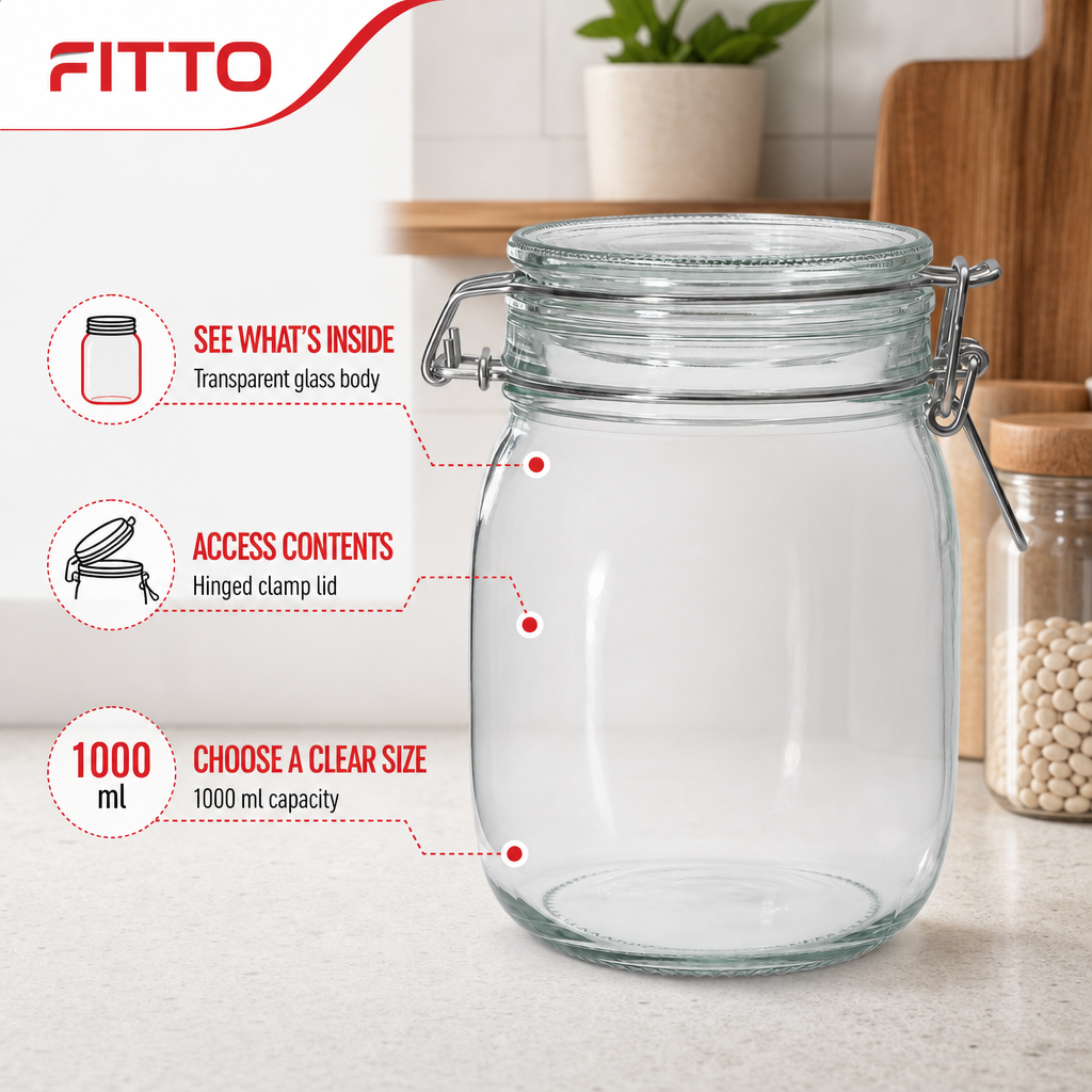 120 Pieces Glass Storage Jar with Clamp Lid, 1000 ml, Clear, 1 Piece