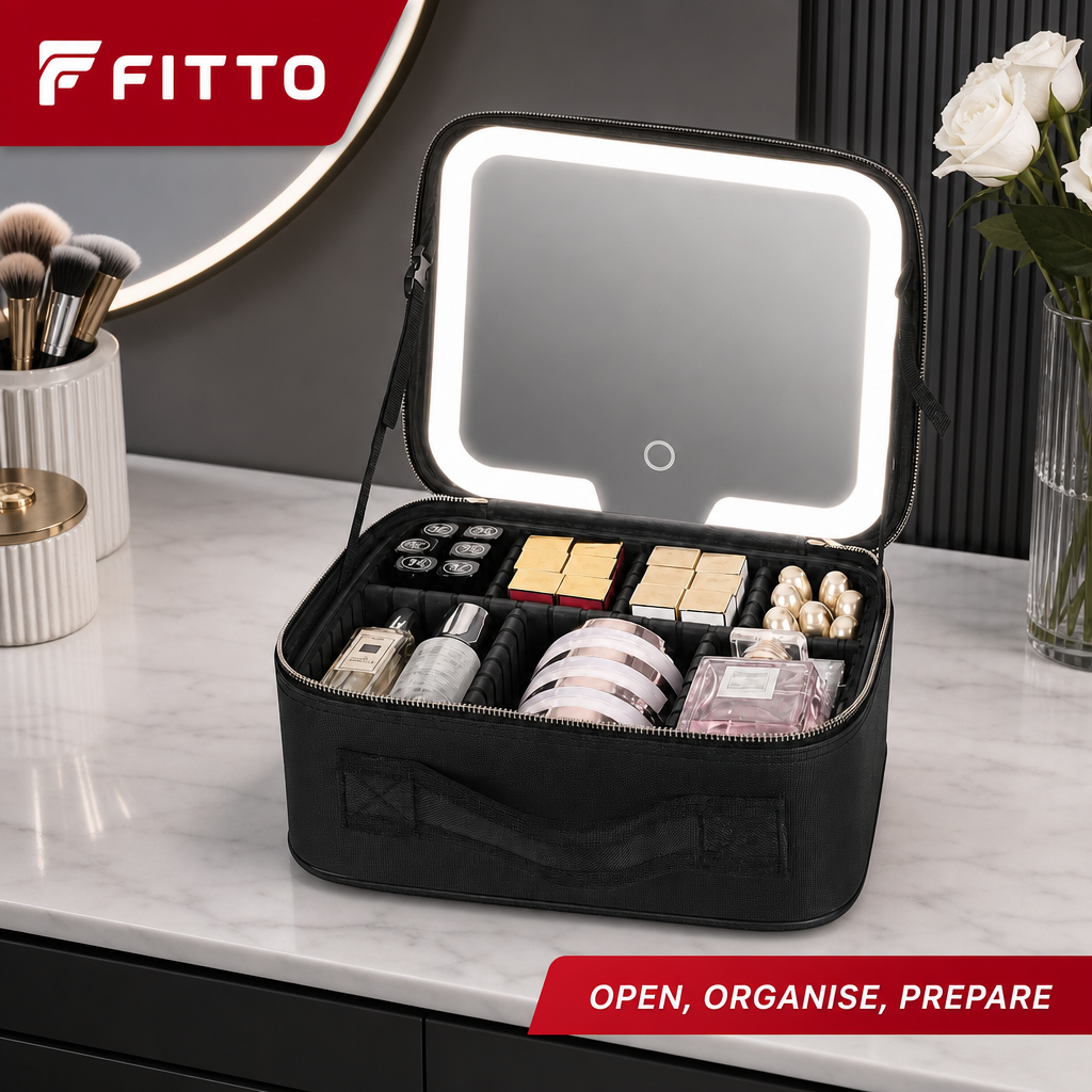 48 Pieces Makeup Organiser Case with LED Mirror, Storage Compartments, USB-C Cable and Black Portable Design, 1 Case