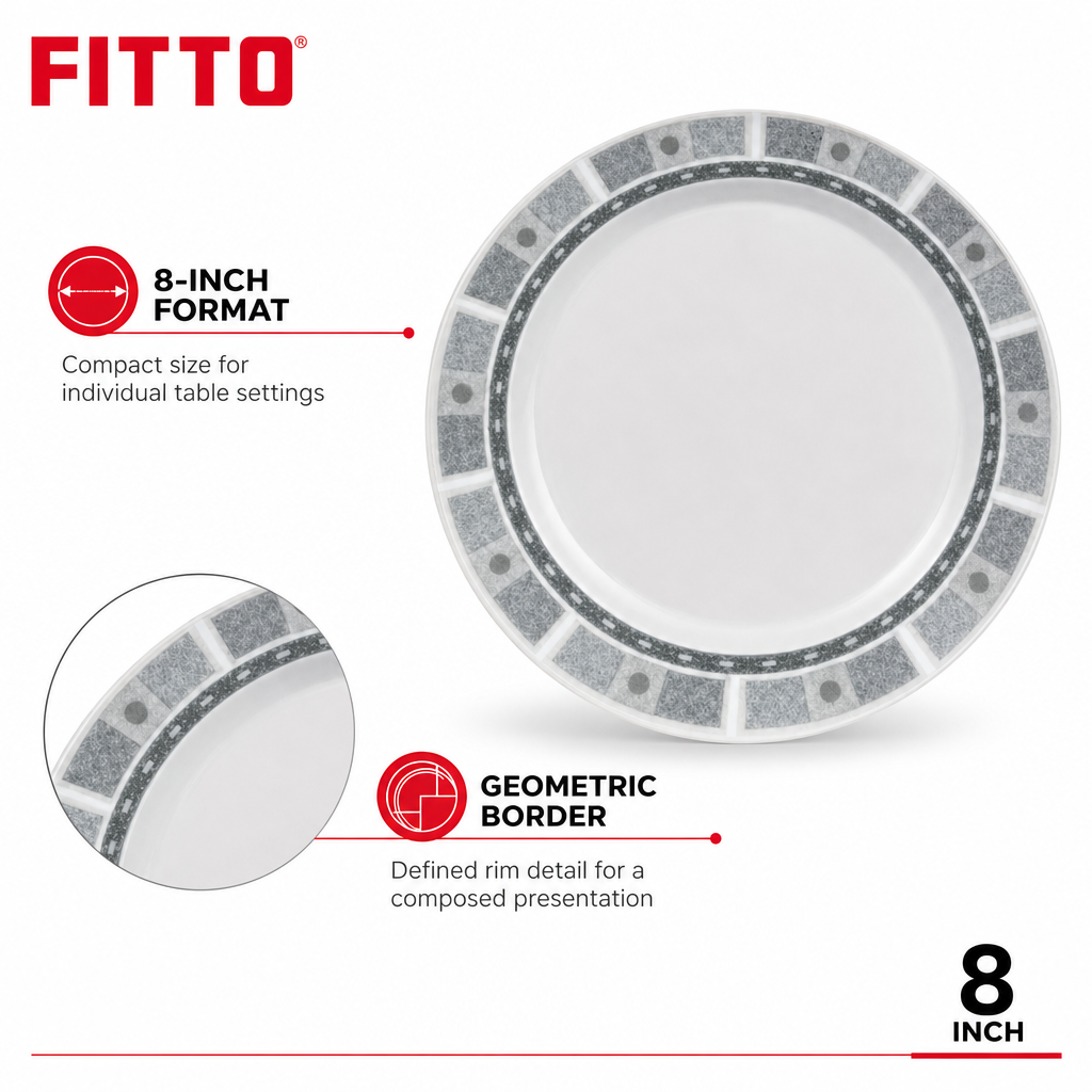 120 Pieces Dinner Plate, 8 Inch, Grey Geometric Border, Round Tablewares
