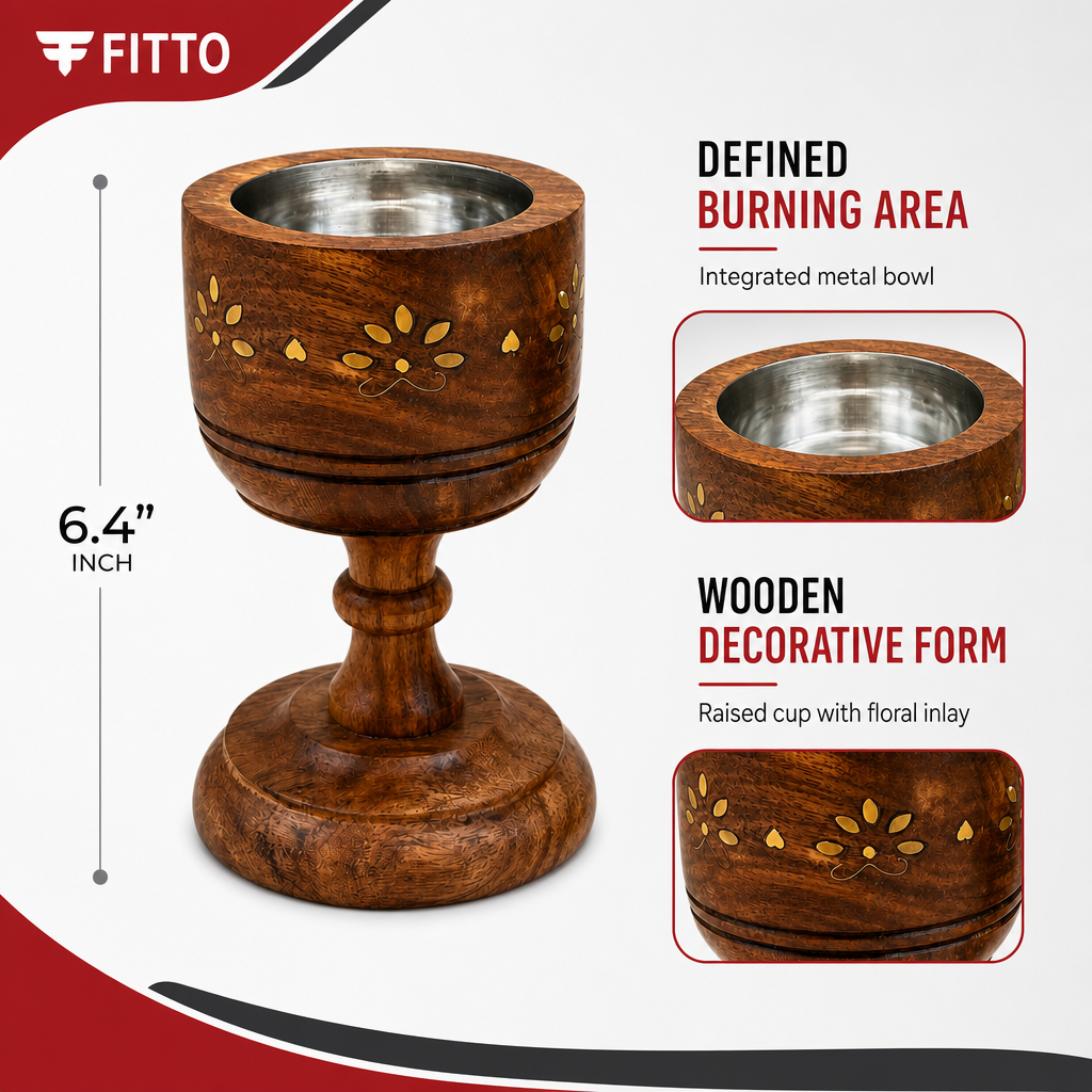 96 Pieces Wooden Incense Burner Cup with Metal Bowl, Decorative Floral Inlay, 6.4 Inch