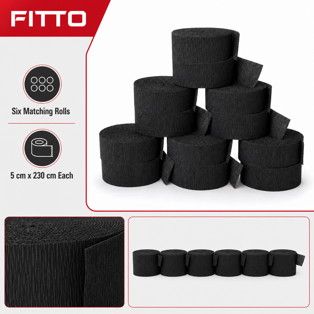 144 Pieces Black Paper Party Decorations Streamers, 5 cm x 230 cm, 6 Pieces