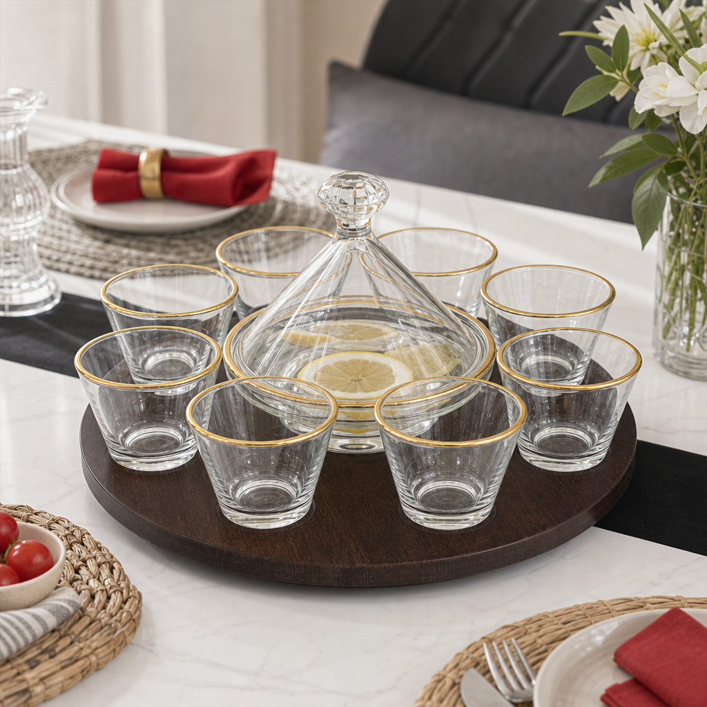 60 Pieces Clear Glass Drinkwares Set with Gold Rims and Wooden Tray, 11-Piece Beverage Serving Collection
