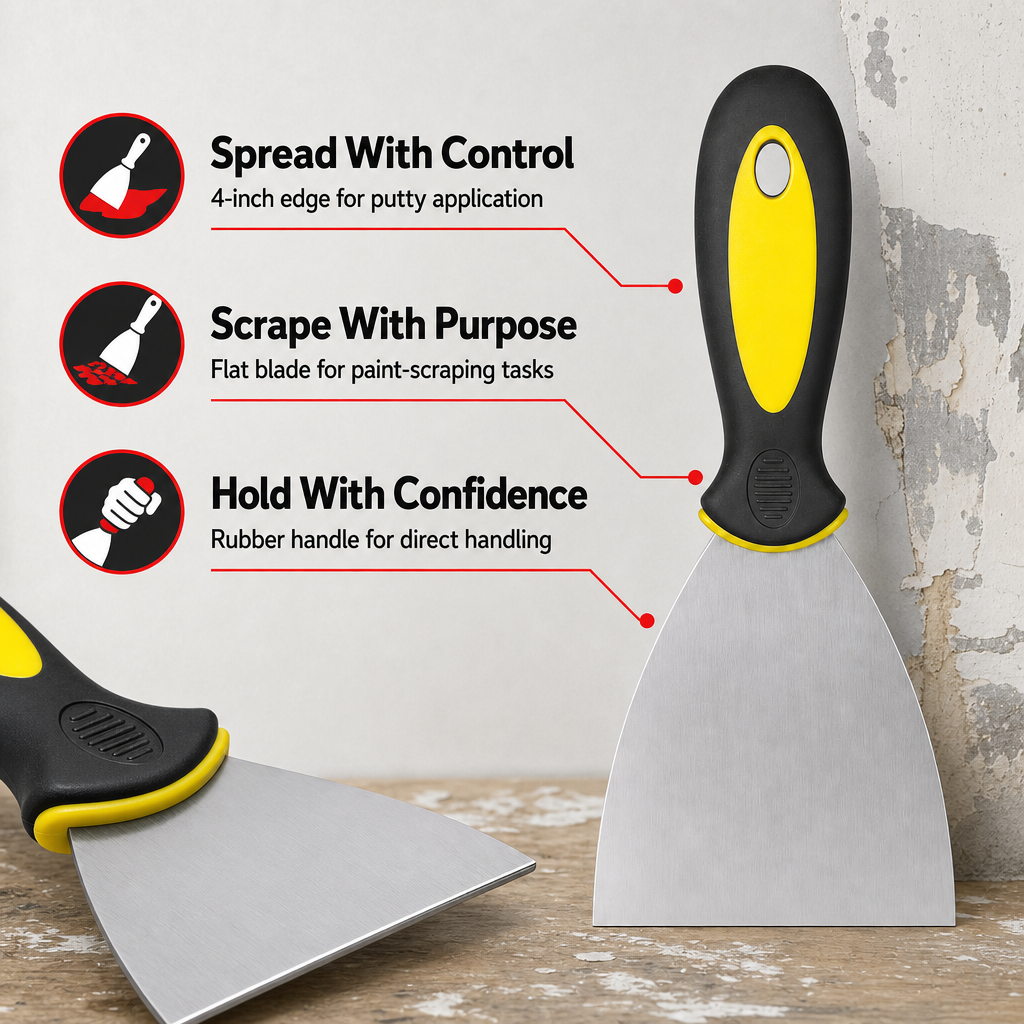 144 Pieces 4-Inch Putty Knife Paint Scraper with Rubber Handle, Yellow Black and Silver, 1 Piece