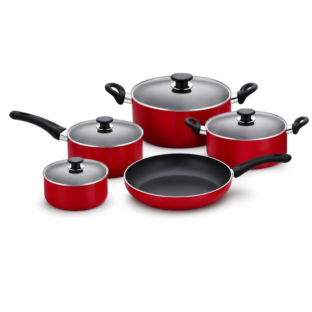 48 Pieces 9-Piece Non-Stick Cookwares Set with Glass Lids, Red