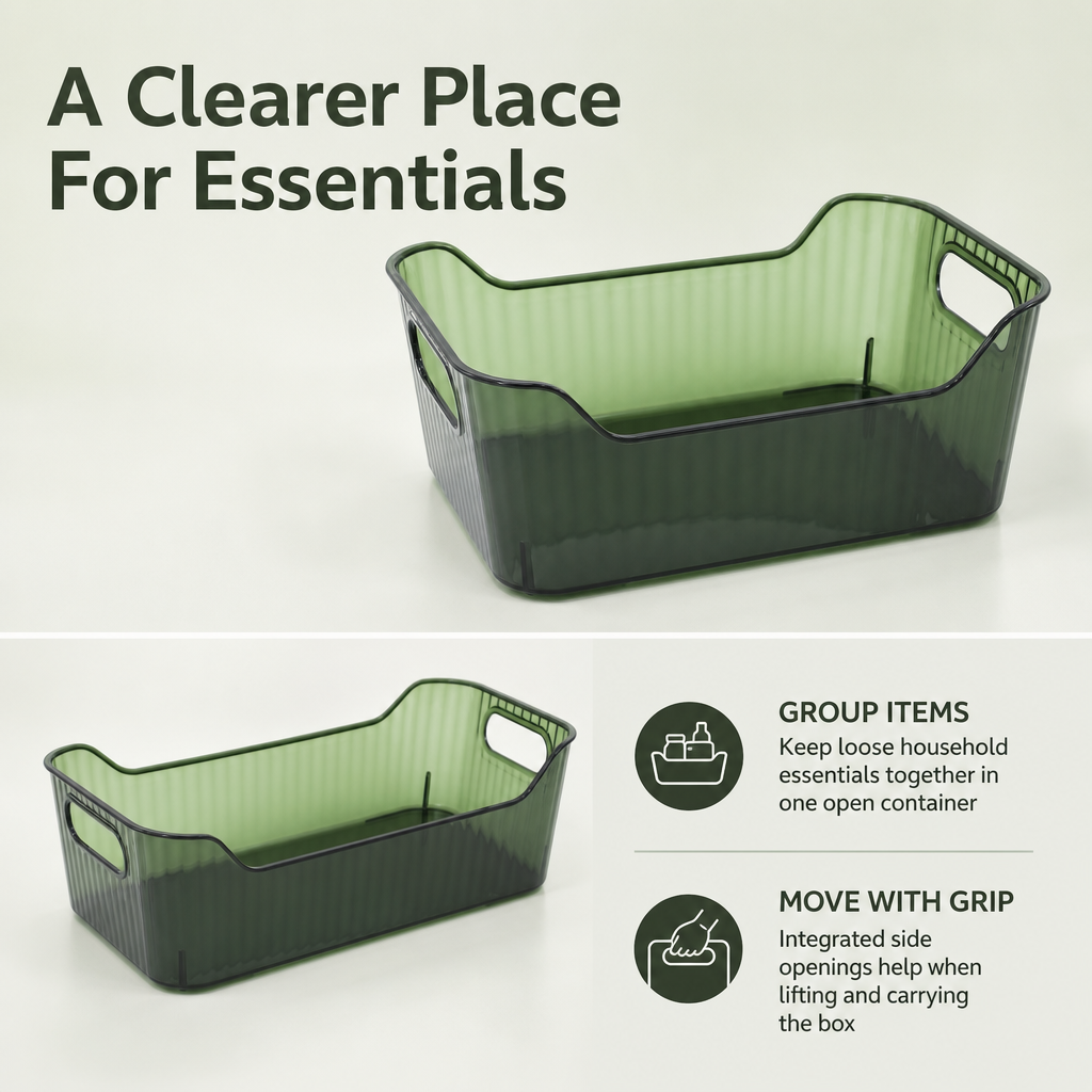 120 Pieces Storage Box with Cutout Handles, Rectangular Plastic Organizer, Green or Clear, 20 × 14 × 8 cm
