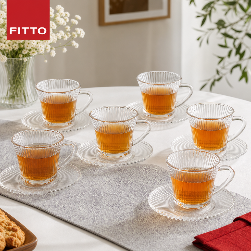 60 Pieces Ribbed Clear Glass Tea Cup and Saucer Set, 12 Pieces