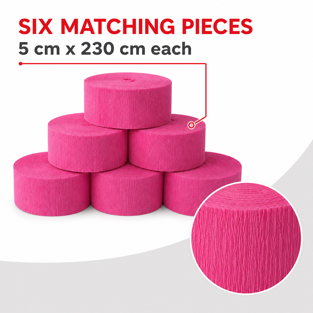144 Pieces Paper Party Decorations Streamers, Fuchsia, 5 cm x 230 cm, 6 Pieces