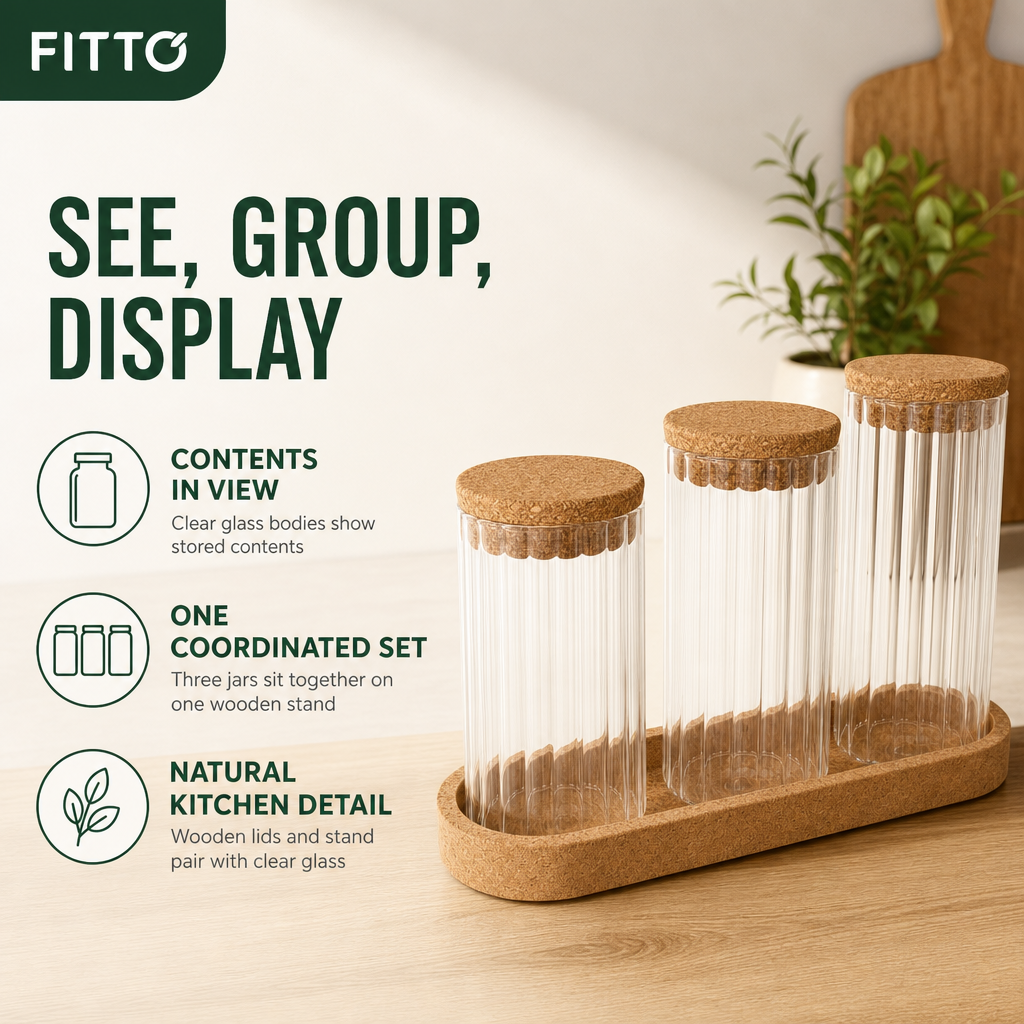 60 Pieces Glass Storage Jar Set with Wooden Stand, Clear and Natural Wood, 1 Set