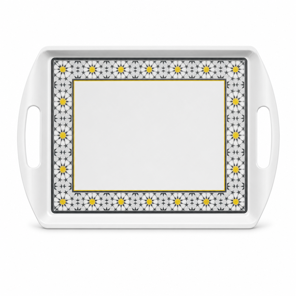 60 Pieces Melamine Rectangular Serving Trays with Dual Handles, 24 Inch, White Grey with Yellow Accents