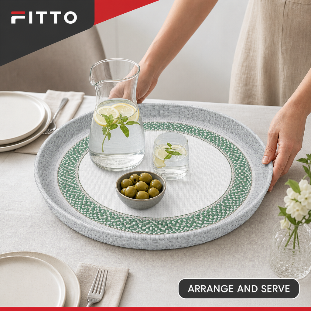 72 Pieces Round Woven Serving Trays, 55 cm, 4 cm Deep, Green and Grey Design