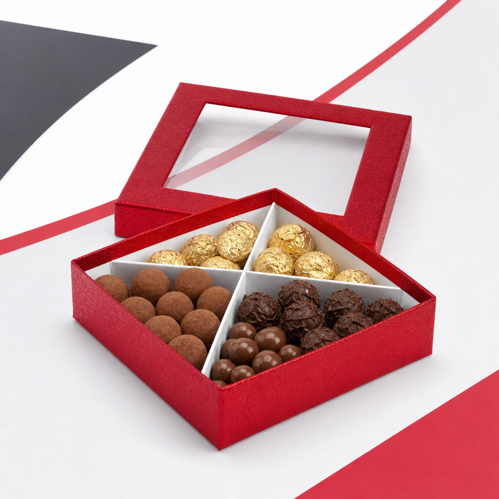 96 Pieces Red Square Chocolate Presentation Box with Clear Window and Divider Insert, 20 x 20 x 5 cm, 1 Piece