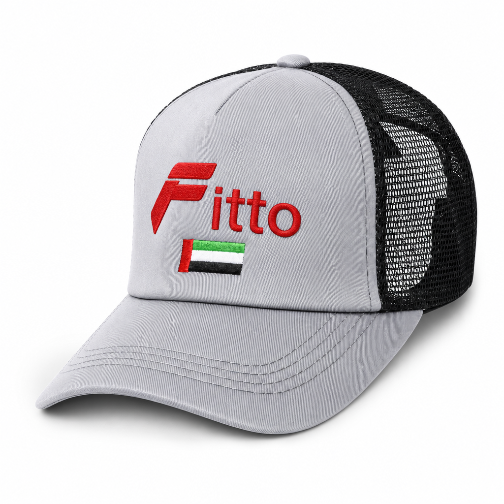 120 Pieces Grey and Black Trucker Cap with UAE Flag Detail, Mesh Back, Curved Brim, 1 Piece
