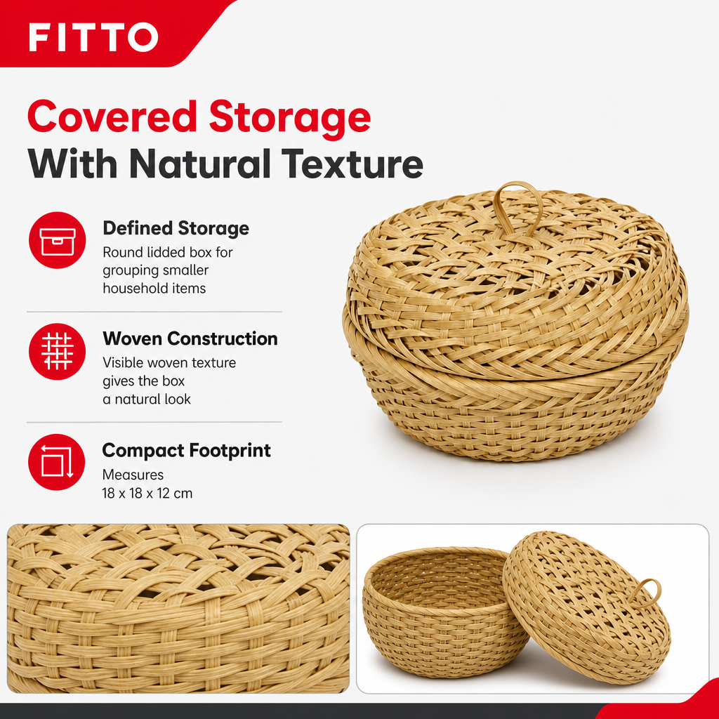 96 Pieces Round Woven Storage Box with Lid, Natural, 18 x 18 x 12 cm