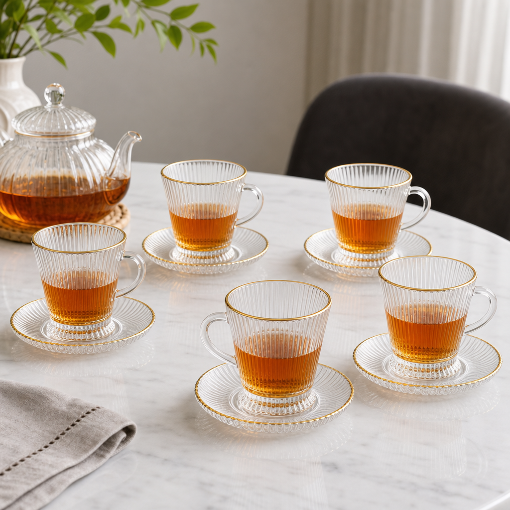 60 Pieces Ribbed Clear Glass Tea Cup and Saucer Set with Gold Rims, 220 ml, 12 Pieces