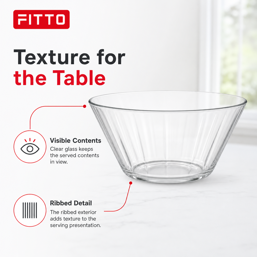 96 Pieces Ribbed Glass Serving Bowl, 228 mm, Clear, 1 Piece