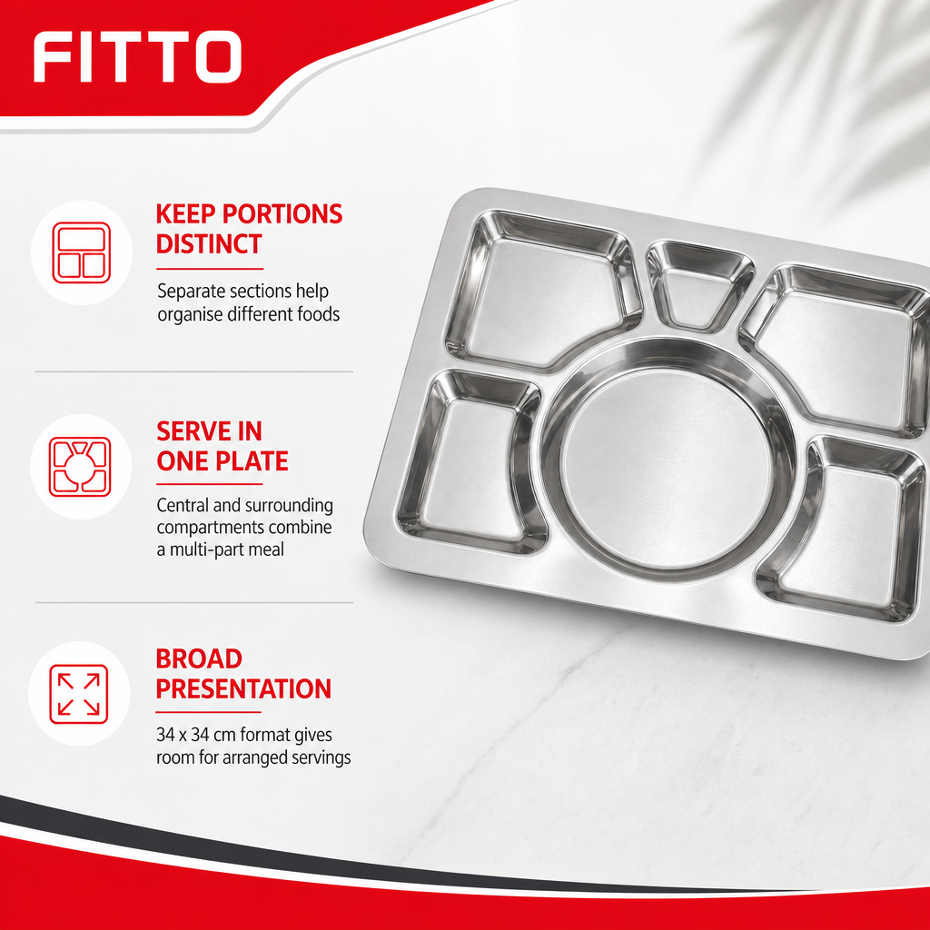 96 Pieces Stainless Steel Compartment Thali Dinner Plate, Silver, 34 x 34 x 3 cm, 1 Piece