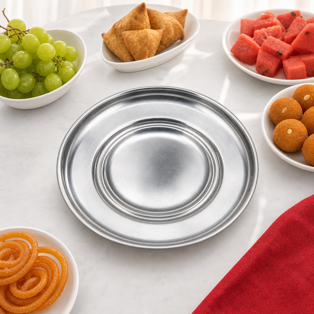 120 Pieces Stainless Steel Round Serving Plate with Wide Rim, 24 cm, 1 Piece