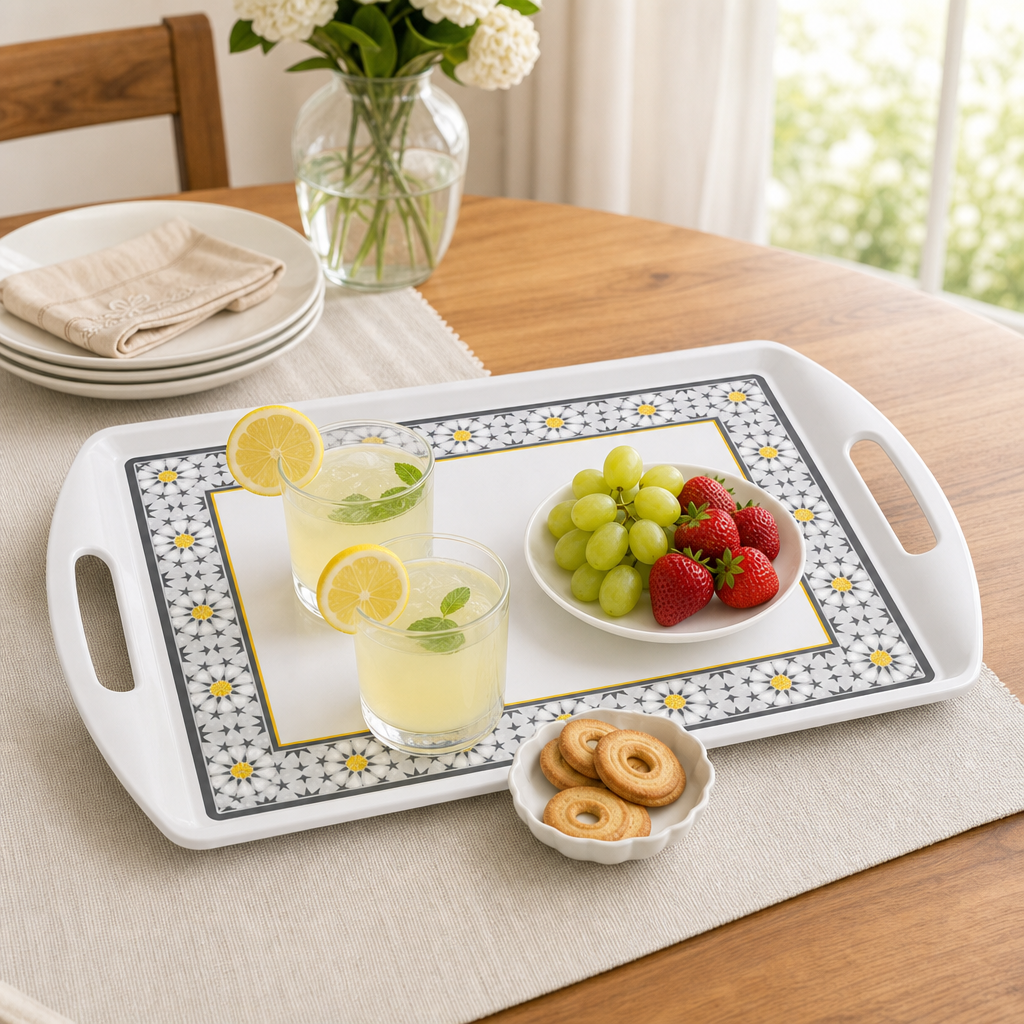 60 Pieces Melamine Rectangular Serving Trays with Dual Handles, 24 Inch, White Grey with Yellow Accents