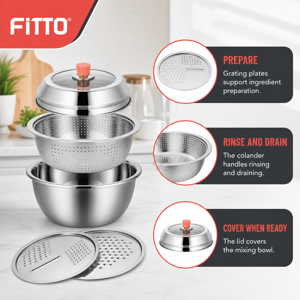 60 Pieces 4-in-1 Stainless Steel Grater Set with Grating Plates, Colander, Mixing Bowl and Storage Lid, Silver, 1 Set
