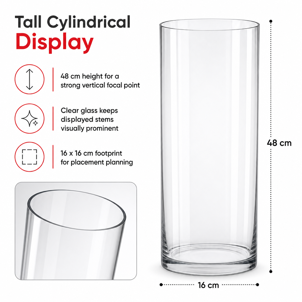 48 Pieces Tall Clear Glass Decorative Vase, Cylinder Shape, 16 x 16 x 48 cm