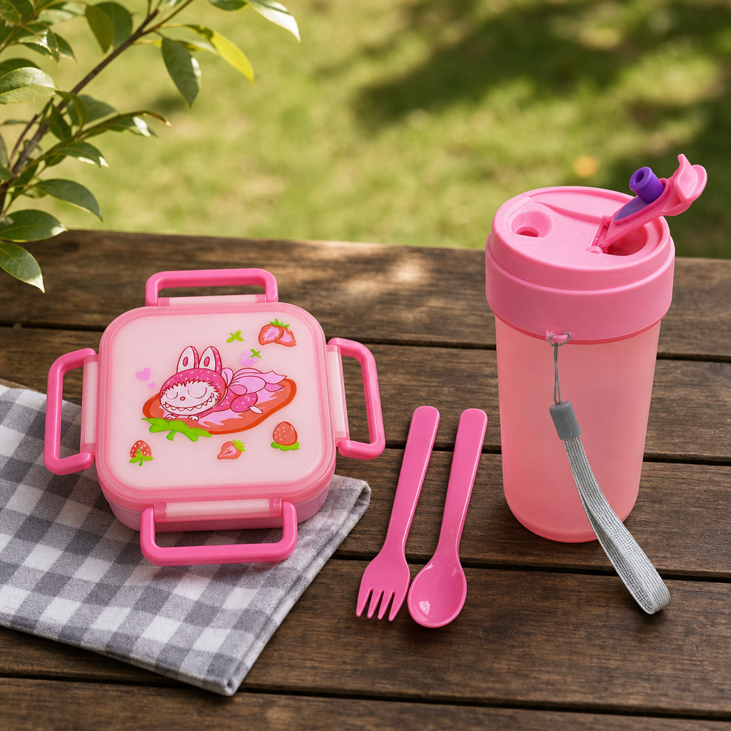 96 Pieces Lunch Box Set with 500 ml Bottle and Cutlery, Assorted Colour Square Plastic Food Container Set