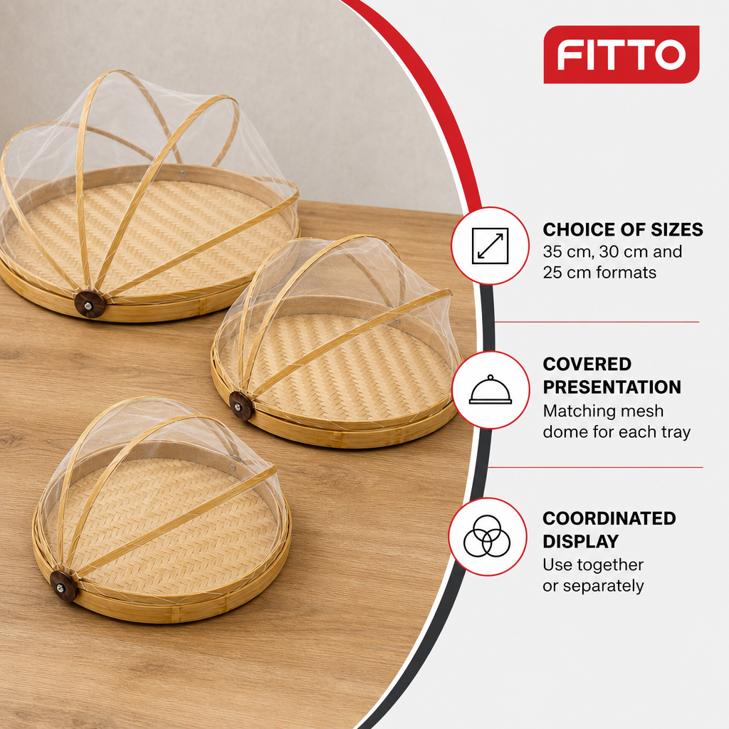 48 Pieces Round Woven Food Cover Tray Set with Mesh Domes, 3 Pieces, 35 cm, 30 cm and 25 cm