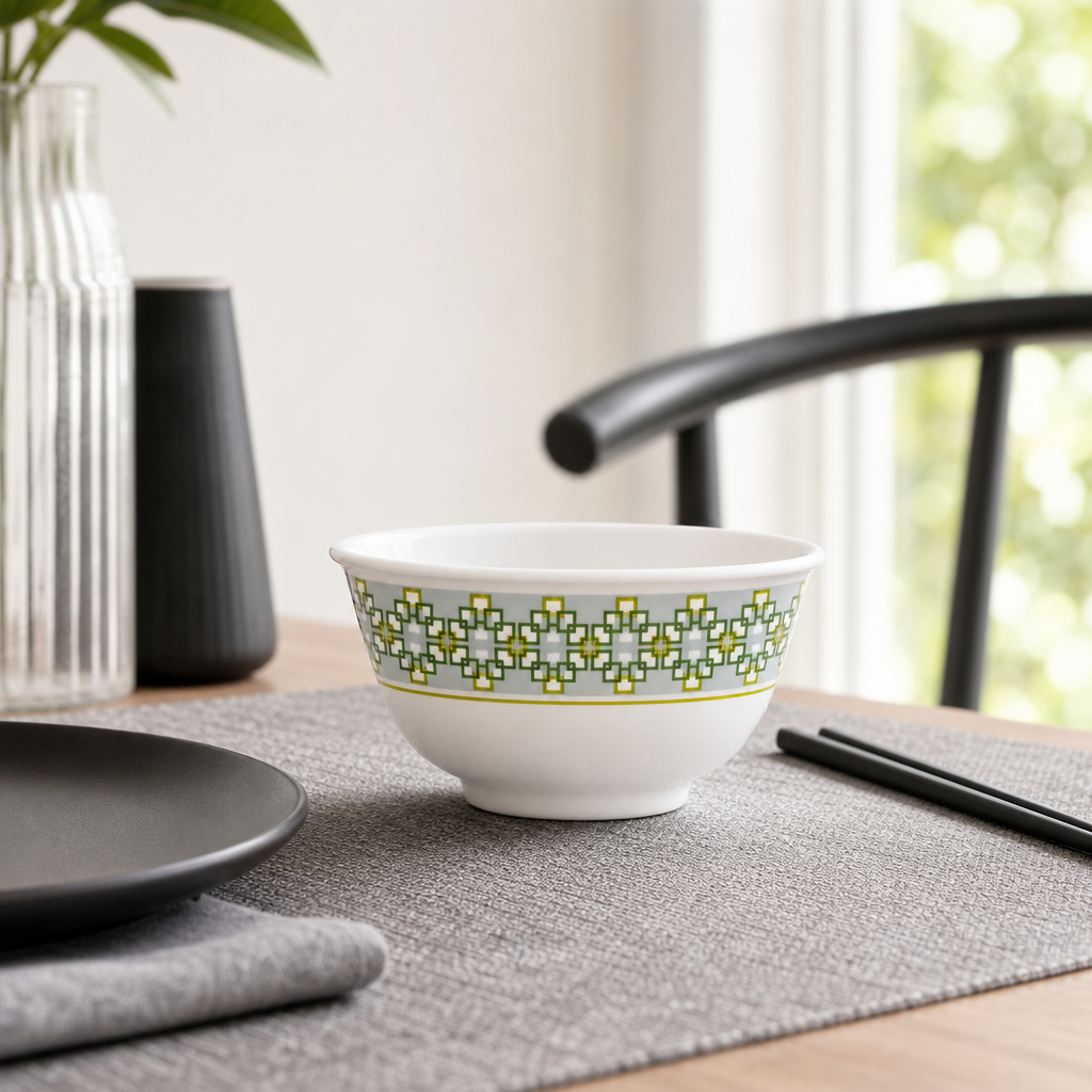 240 Pieces Melamine Rice Bowl, 3.5 Inch, White with Green and Yellow Geometric Pattern