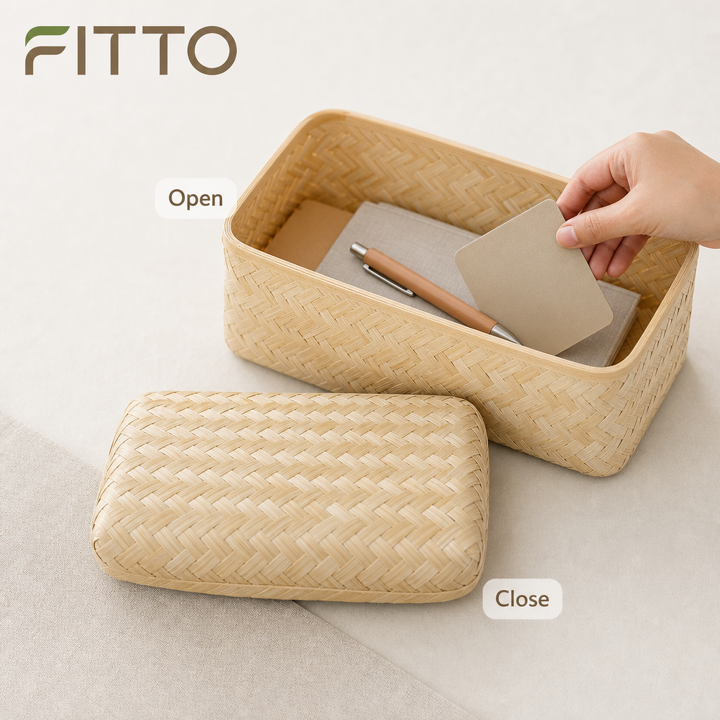 96 Pieces Handwoven Bamboo Rectangular Storage Box with Lid, Natural, 10 x 6 Inch