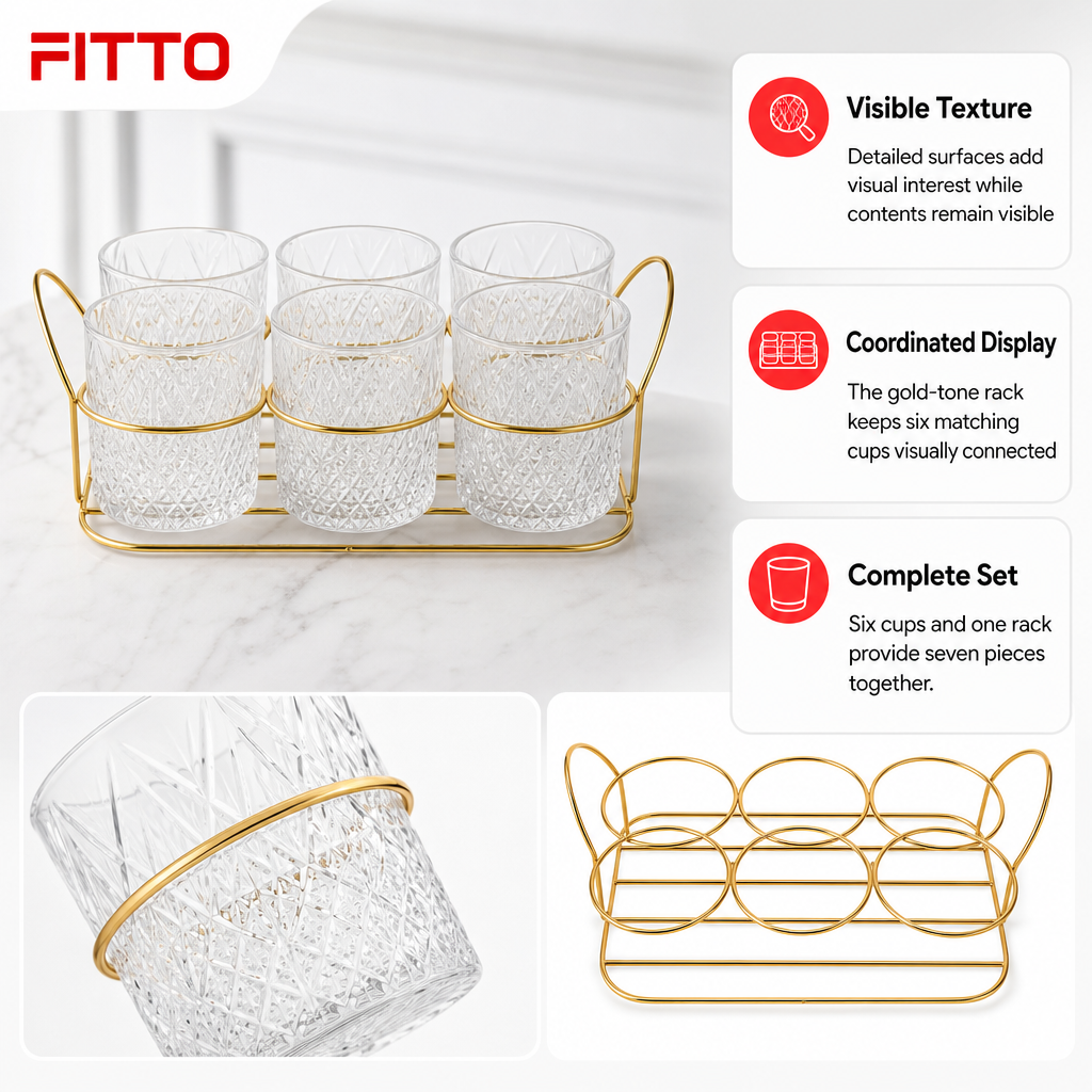 60 Pieces Textured Clear Glass Cup Set with Gold-Tone Metal Rack, 6 Cups and Rack, 7-Piece Drinkwares Set