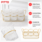 60 Pieces Textured Clear Glass Cup Set with Gold-Tone Metal Rack, 6 Cups and Rack, 7-Piece Drinkwares Set