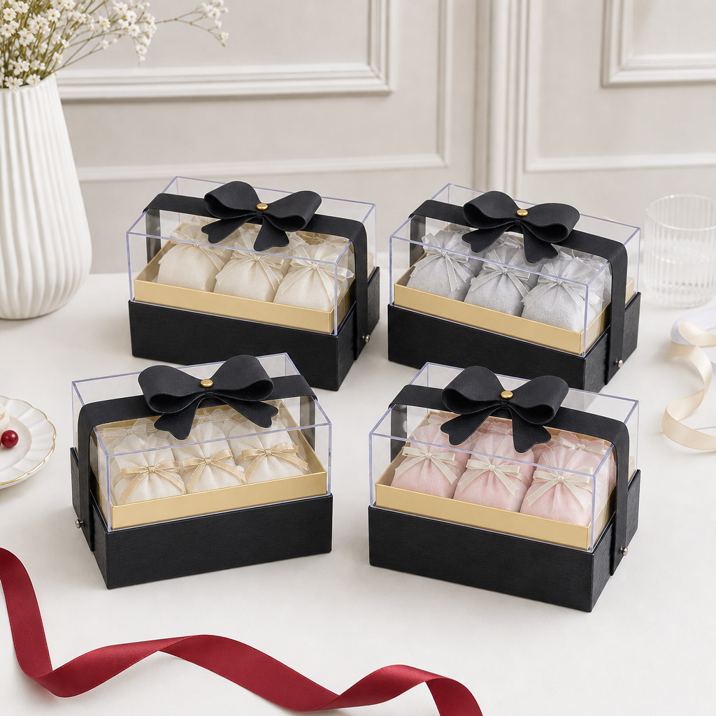 72 Pieces Acrylic Presentation Boxes with Black Ribbon, Rectangular 14 x 9 x 9 cm, Set of 4