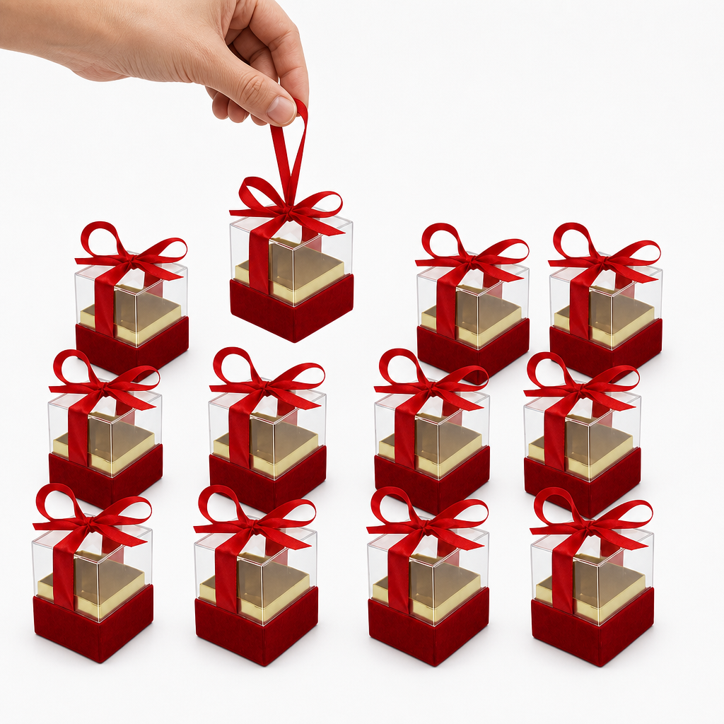 60 Pieces Red Square Acrylic Presentation Boxes with Ribbon, 6.5 x 6.5 x 7.2 cm, 12 Pieces
