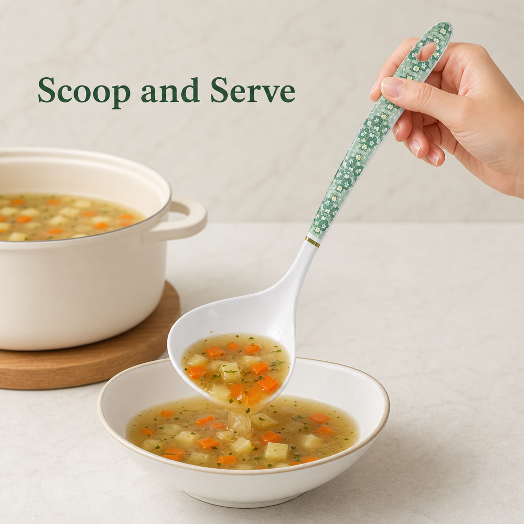 144 Pieces Cooking Ladle with Green Floral Handle, White, 25 cm