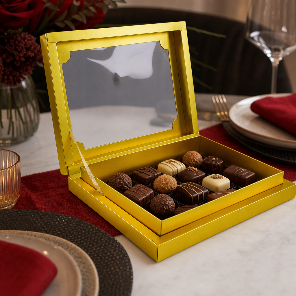 96 Pieces Gold Rectangular Chocolate Box With Ribbon, 27.5 x 22 x 4.8 cm, 1 Piece