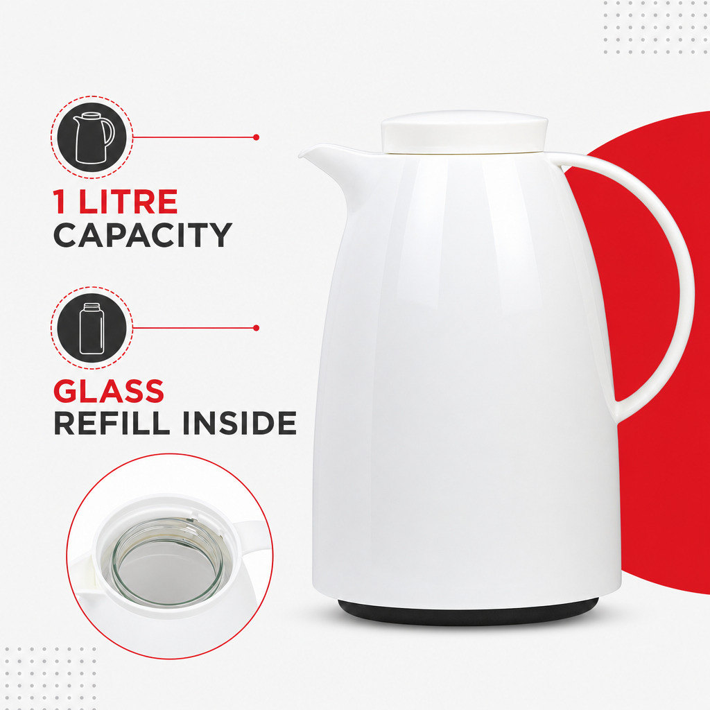 72 Pieces Plastic Vacuum Flask with Glass Refill, 1 Litre, White and Gold
