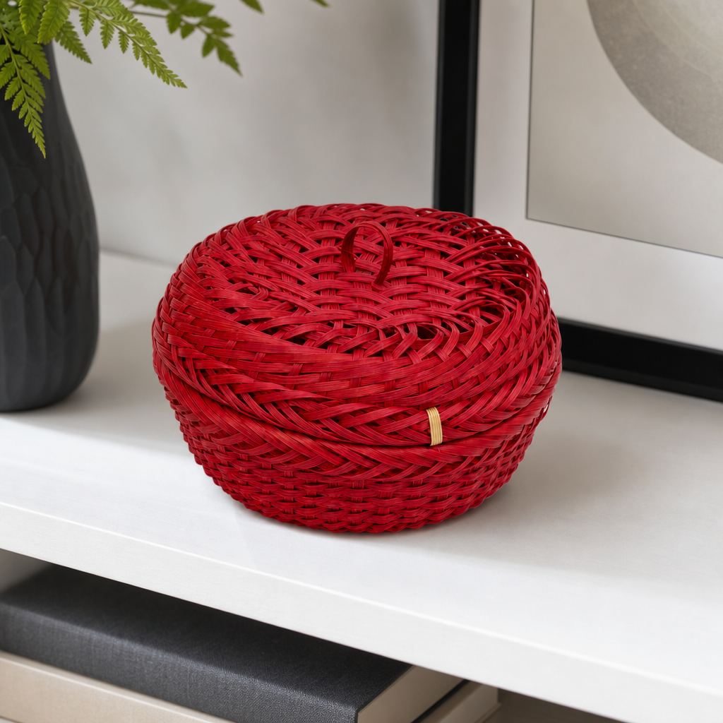 96 Pieces Round Woven Storage Box with Lid, Red, 18 x 18 x 12 cm