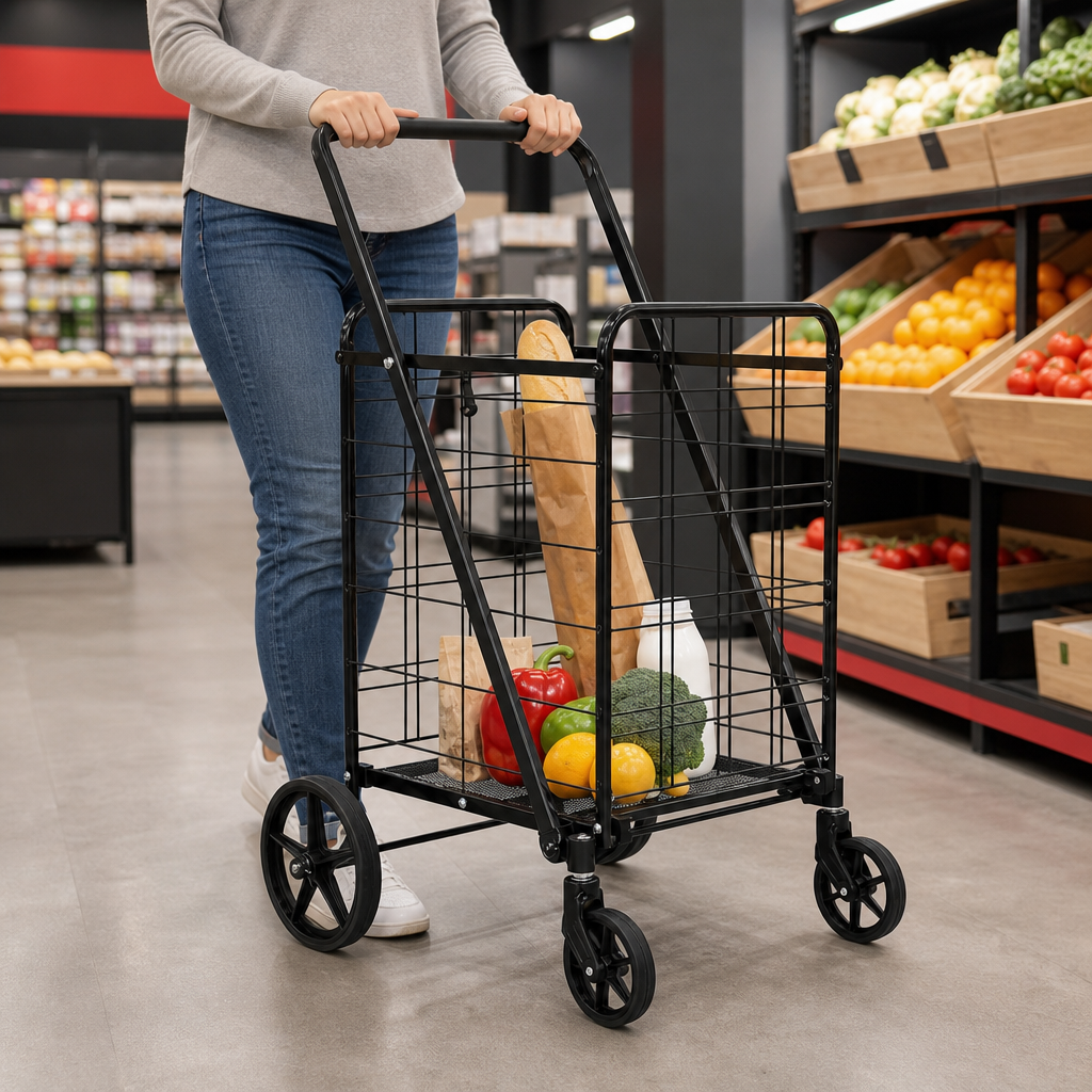 48 Pieces Black Metal Grocery Shopping Trolleys with Basket and Four Wheels, 1 Unit