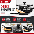 48 Pieces 7-Piece Non-Stick Cookwares Set with Glass Lids, Black Pots and Pan Set for Home Cooking