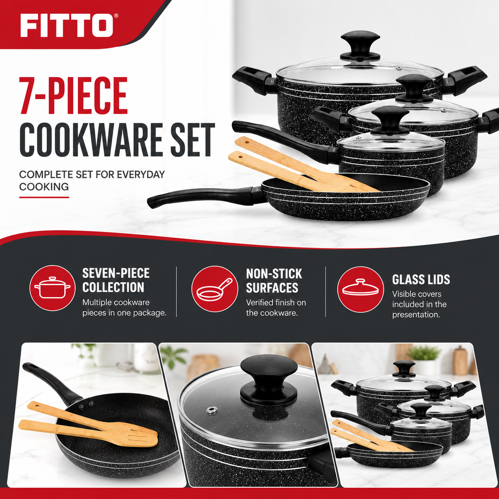 48 Pieces 7-Piece Non-Stick Cookwares Set with Glass Lids, Black Pots and Pan Set for Home Cooking
