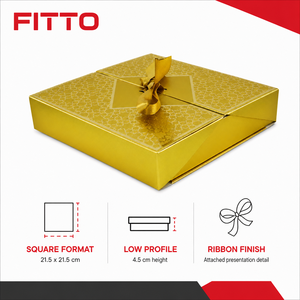 96 Pieces Gold Square Chocolate Presentation Box with Ribbon, 21.5 x 21.5 x 4.5 cm, 1 Piece