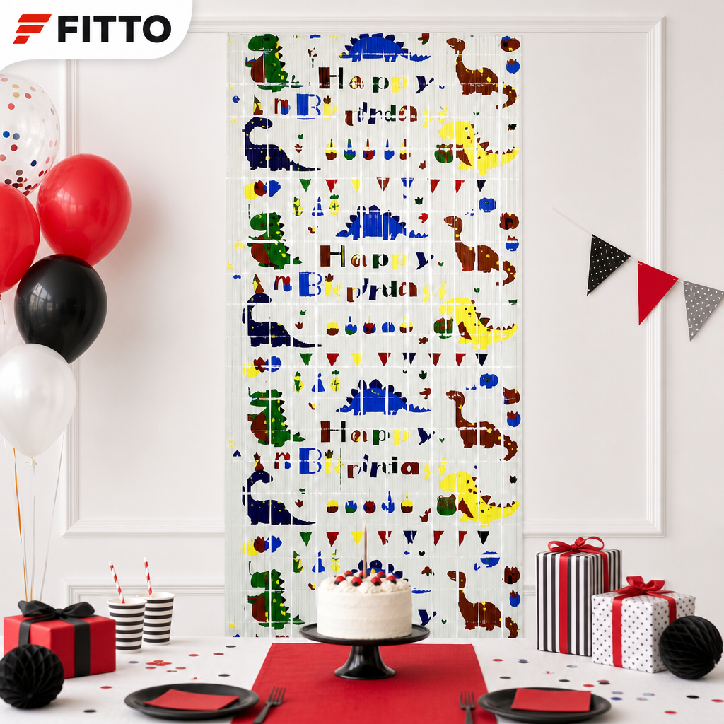 144 Pieces Dinosaur Happy Birthday Foil Fringe Curtain, 2 m Party Backdrop