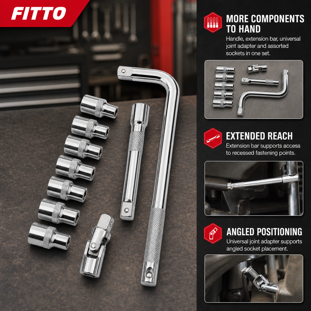 96 Pieces Multi-Piece Socket Wrench Set with L-Shaped Handle, Extension Bar, Universal Joint Adapter and Assorted Sockets, Chrome Silver
