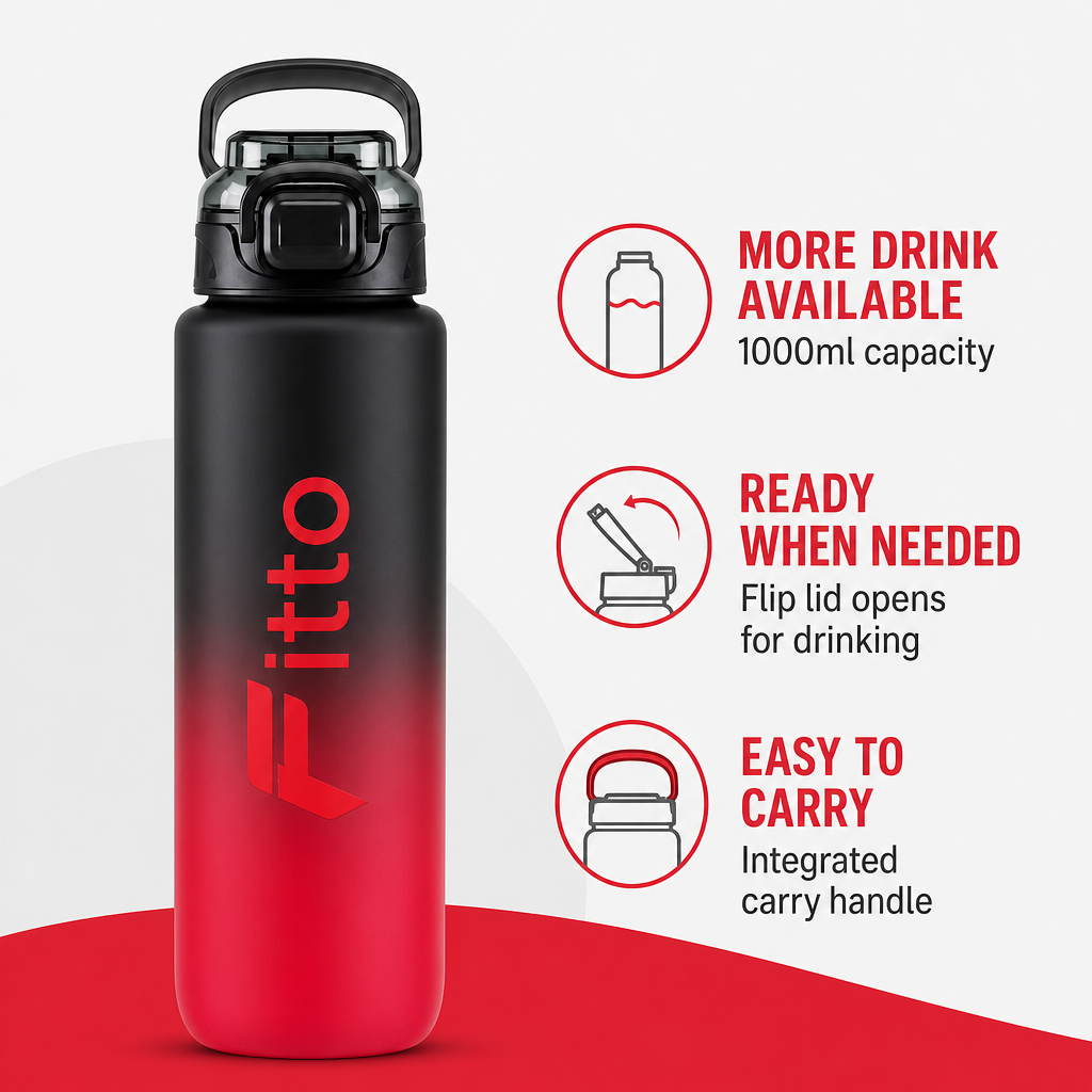 96 Pieces Sports Water Bottles 1000ml with Flip Lid and Carry Handle, Red