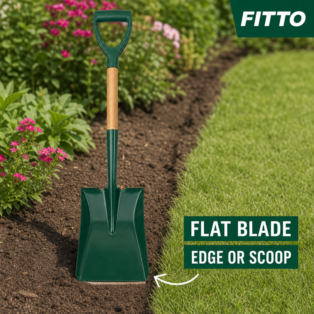 96 Pieces Garden Flat Spade Shovel, Square Blade, Green With Natural Wood Handle, 72 cm, 1 Piece