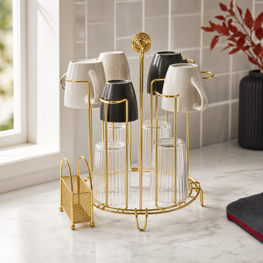 96 Pieces Gold-Tone Cup and Glass Drying Rack with 6 Holders, Metal Kitchen Organizer, 35 x 30 x 28 cm